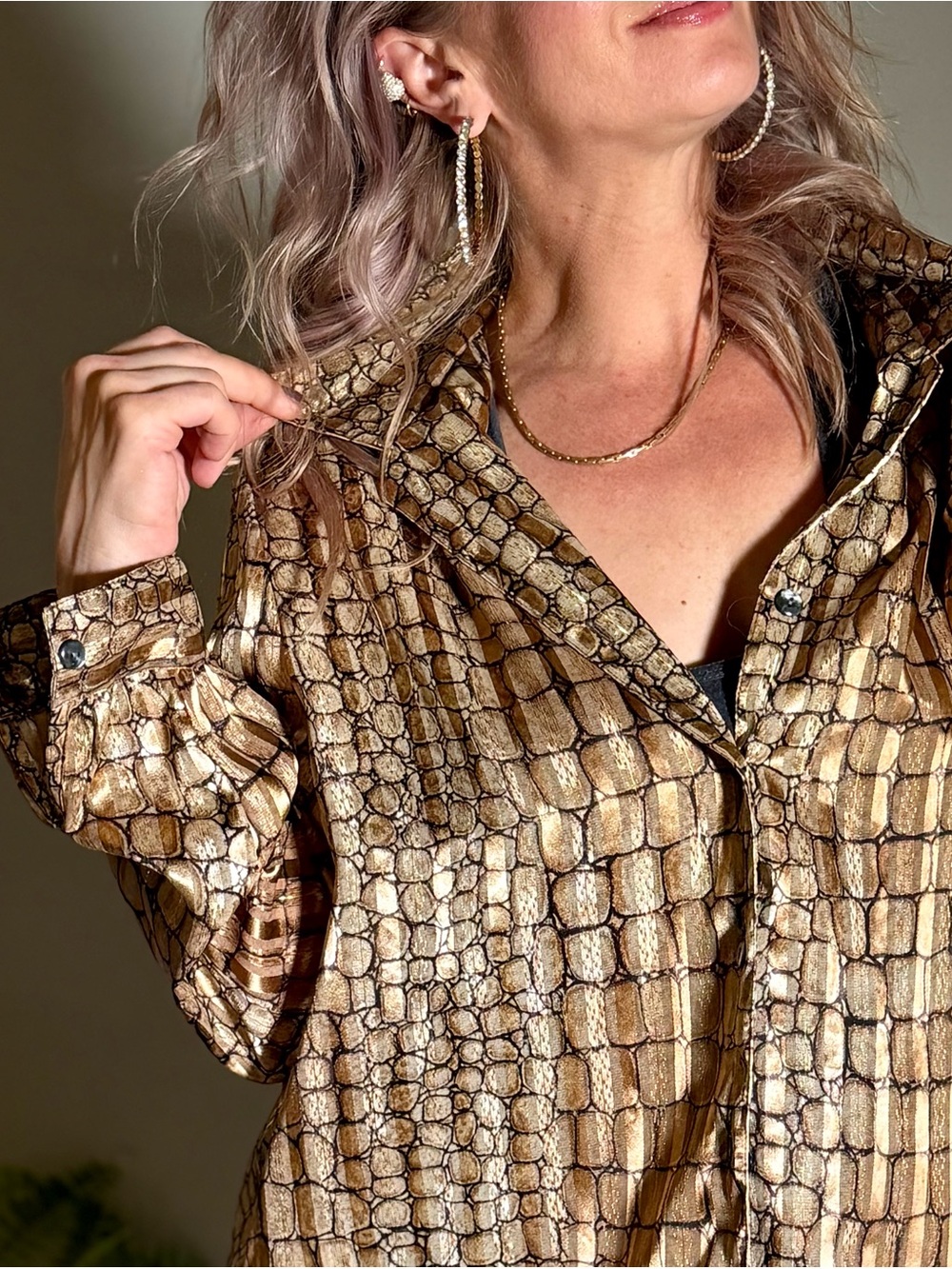 80s Vintage Metallic Gold Croc-Print Women's Shirt - somewhere between a M & a L
